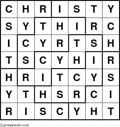 The grouppuzzles.com Answer grid for the Christy puzzle for 