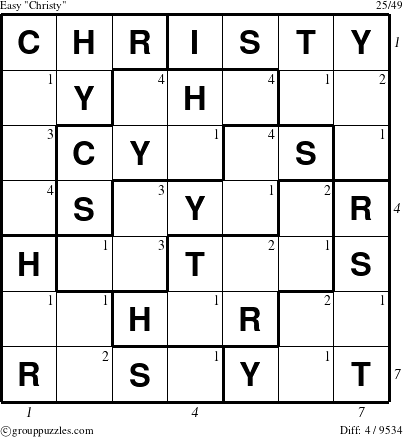 The grouppuzzles.com Easy Christy puzzle for , suitable for printing, with all 4 steps marked