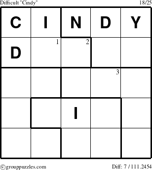 The grouppuzzles.com Difficult Cindy puzzle for  with the first 3 steps marked