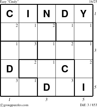 The grouppuzzles.com Easy Cindy puzzle for  with all 3 steps marked