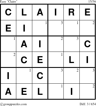 The grouppuzzles.com Easy Claire puzzle for  with the first 3 steps marked