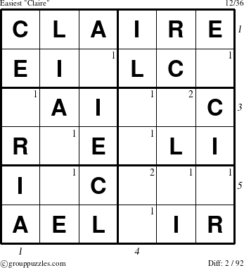 The grouppuzzles.com Easiest Claire puzzle for  with all 2 steps marked