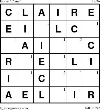 The grouppuzzles.com Easiest Claire puzzle for  with the first 2 steps marked