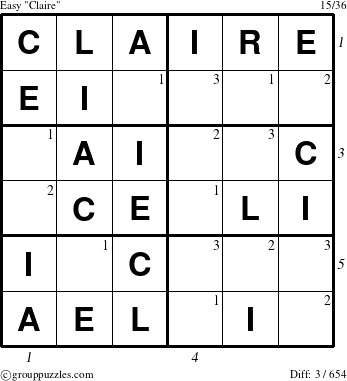 The grouppuzzles.com Easy Claire puzzle for  with all 3 steps marked