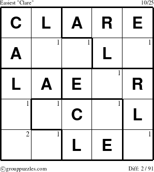 The grouppuzzles.com Easiest Clare puzzle for  with the first 2 steps marked