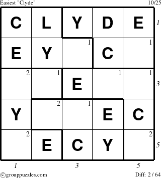 The grouppuzzles.com Easiest Clyde puzzle for , suitable for printing, with all 2 steps marked