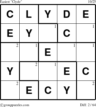 The grouppuzzles.com Easiest Clyde puzzle for  with the first 2 steps marked