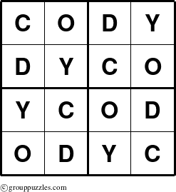 The grouppuzzles.com Answer grid for the Cody puzzle for 