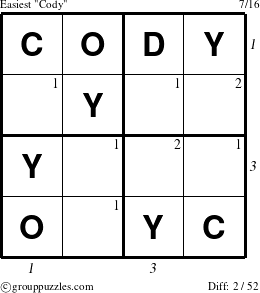 The grouppuzzles.com Easiest Cody puzzle for  with all 2 steps marked