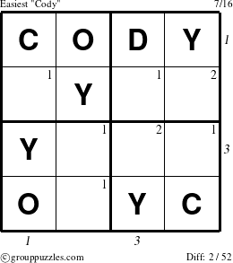 The grouppuzzles.com Easiest Cody puzzle for , suitable for printing, with all 2 steps marked