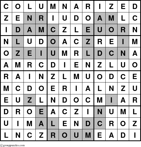 The grouppuzzles.com Answer grid for the Columnarized puzzle for 