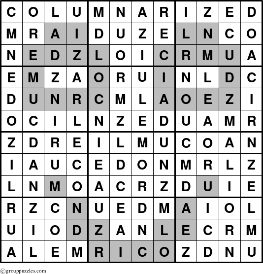 The grouppuzzles.com Answer grid for the Columnarized puzzle for 