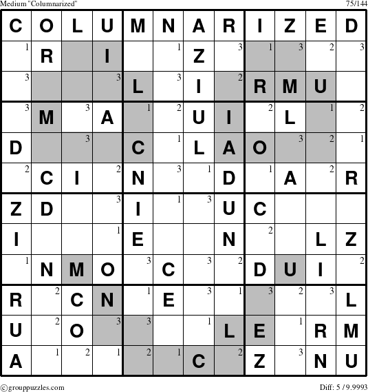 The grouppuzzles.com Medium Columnarized puzzle for  with the first 3 steps marked