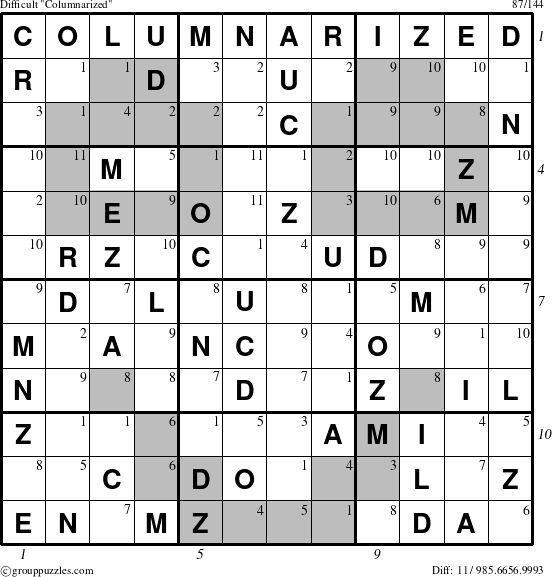 The grouppuzzles.com Difficult Columnarized puzzle for  with all 11 steps marked