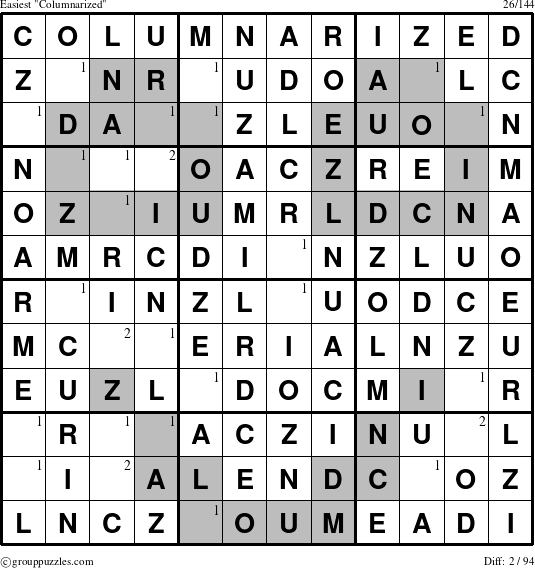 The grouppuzzles.com Easiest Columnarized puzzle for  with the first 2 steps marked