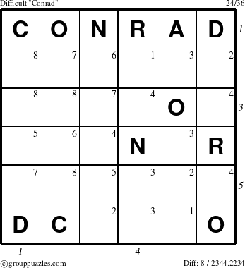 The grouppuzzles.com Difficult Conrad puzzle for  with all 8 steps marked