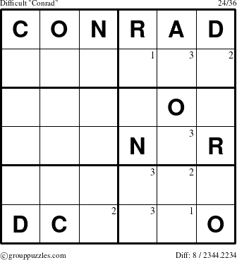 The grouppuzzles.com Difficult Conrad puzzle for  with the first 3 steps marked