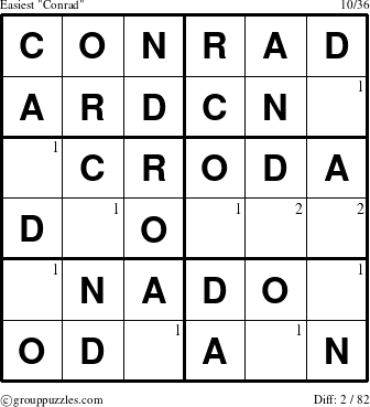 The grouppuzzles.com Easiest Conrad puzzle for  with the first 2 steps marked