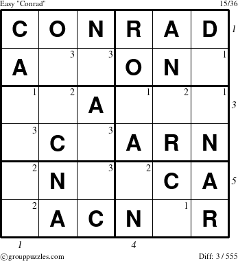 The grouppuzzles.com Easy Conrad puzzle for , suitable for printing, with all 3 steps marked