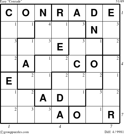 The grouppuzzles.com Easy Conrade puzzle for  with all 4 steps marked