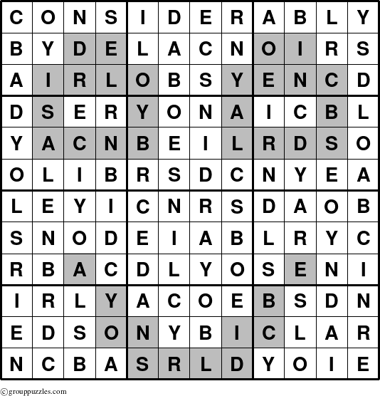 The grouppuzzles.com Answer grid for the Considerably puzzle for 