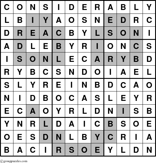 The grouppuzzles.com Answer grid for the Considerably puzzle for 