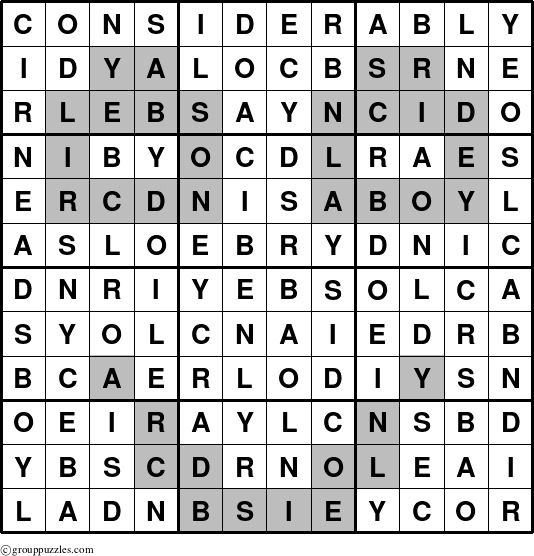 The grouppuzzles.com Answer grid for the Considerably puzzle for 