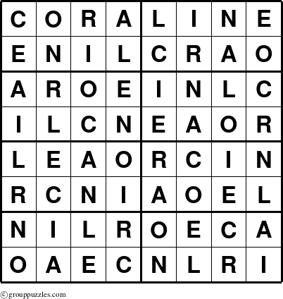 The grouppuzzles.com Answer grid for the Coraline puzzle for 