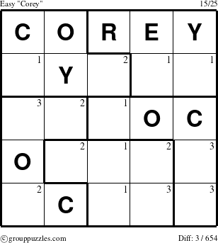 The grouppuzzles.com Easy Corey puzzle for  with the first 3 steps marked