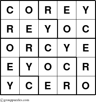 The grouppuzzles.com Answer grid for the Corey puzzle for 
