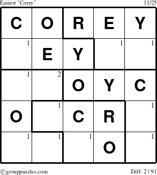 The grouppuzzles.com Easiest Corey puzzle for  with the first 2 steps marked
