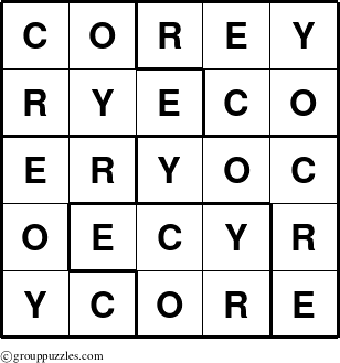 The grouppuzzles.com Answer grid for the Corey puzzle for 