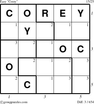 The grouppuzzles.com Easy Corey puzzle for , suitable for printing, with all 3 steps marked