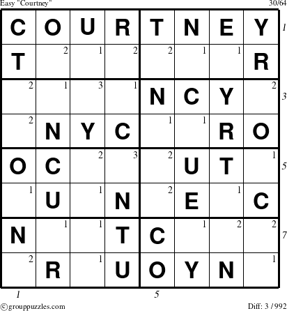 The grouppuzzles.com Easy Courtney puzzle for , suitable for printing, with all 3 steps marked