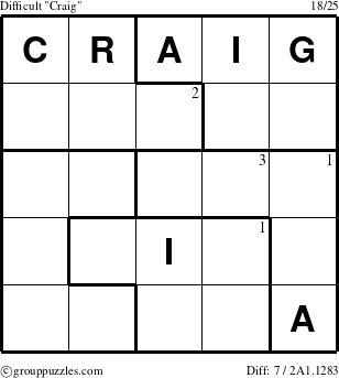 The grouppuzzles.com Difficult Craig puzzle for  with the first 3 steps marked