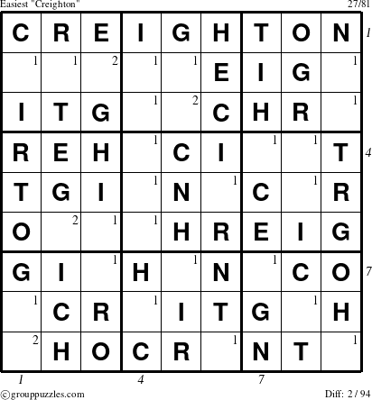 The grouppuzzles.com Easiest Creighton puzzle for , suitable for printing, with all 2 steps marked