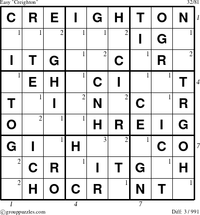 The grouppuzzles.com Easy Creighton puzzle for , suitable for printing, with all 3 steps marked