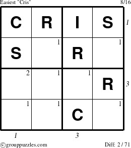 The grouppuzzles.com Easiest Cris puzzle for , suitable for printing, with all 2 steps marked