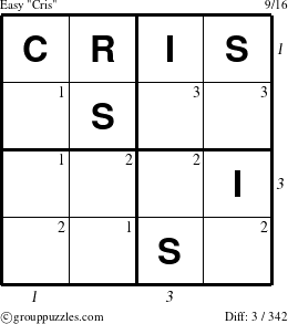 The grouppuzzles.com Easy Cris puzzle for , suitable for printing, with all 3 steps marked