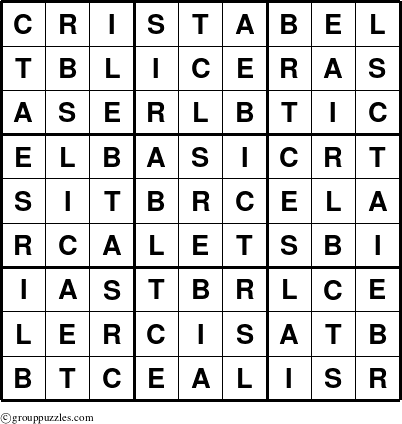 The grouppuzzles.com Answer grid for the Cristabel puzzle for 