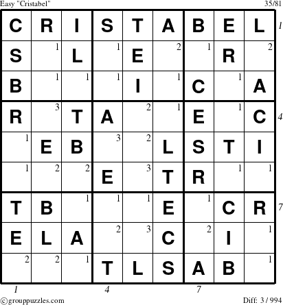 The grouppuzzles.com Easy Cristabel puzzle for , suitable for printing, with all 3 steps marked