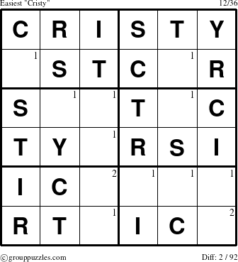 The grouppuzzles.com Easiest Cristy puzzle for  with the first 2 steps marked