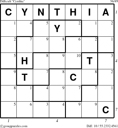 The grouppuzzles.com Difficult Cynthia puzzle for , suitable for printing, with all 10 steps marked