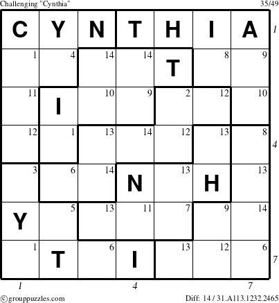 The grouppuzzles.com Challenging Cynthia puzzle for , suitable for printing, with all 14 steps marked