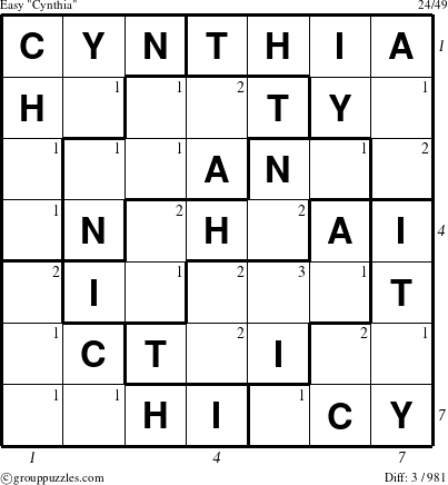 The grouppuzzles.com Easy Cynthia puzzle for , suitable for printing, with all 3 steps marked