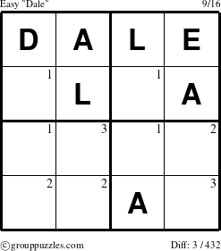 The grouppuzzles.com Easy Dale puzzle for  with the first 3 steps marked