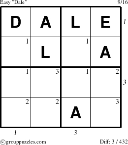 The grouppuzzles.com Easy Dale puzzle for , suitable for printing, with all 3 steps marked