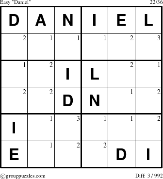 The grouppuzzles.com Easy Daniel puzzle for  with the first 3 steps marked