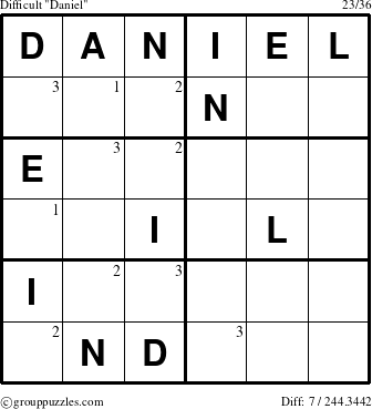 The grouppuzzles.com Difficult Daniel puzzle for  with the first 3 steps marked