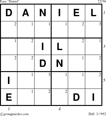 The grouppuzzles.com Easy Daniel puzzle for , suitable for printing, with all 3 steps marked